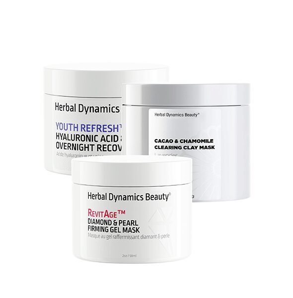 Herbal Dynamics-Revitage-Firming gel-Clearing clay mask-cacao and chamomille-youth refresh-hyaluronic acid