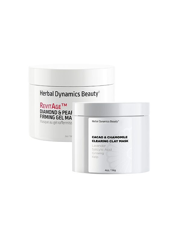 Herbal Dynamics-Revitage-Firming gel-Clearing clay mask-cacao and chamomille