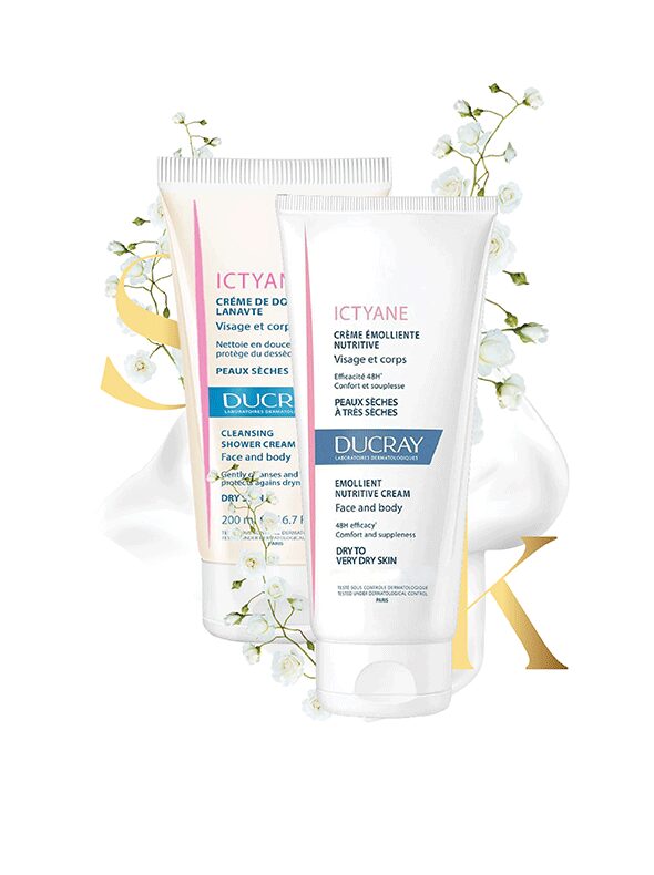 Ducray-ictyane-cleansing shower cream-emolient cream-dry skin-face and body
